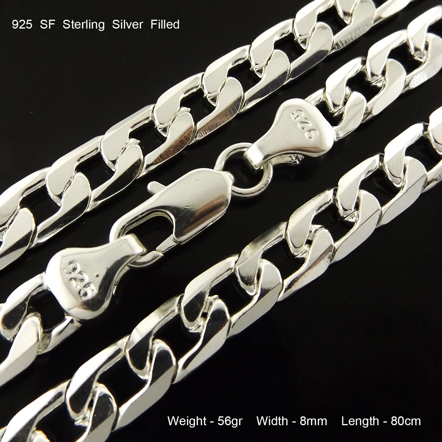 Necklace Real 925 Sterling Silver Filled Solid Men's Cuban Link 8mm Chain 80cm