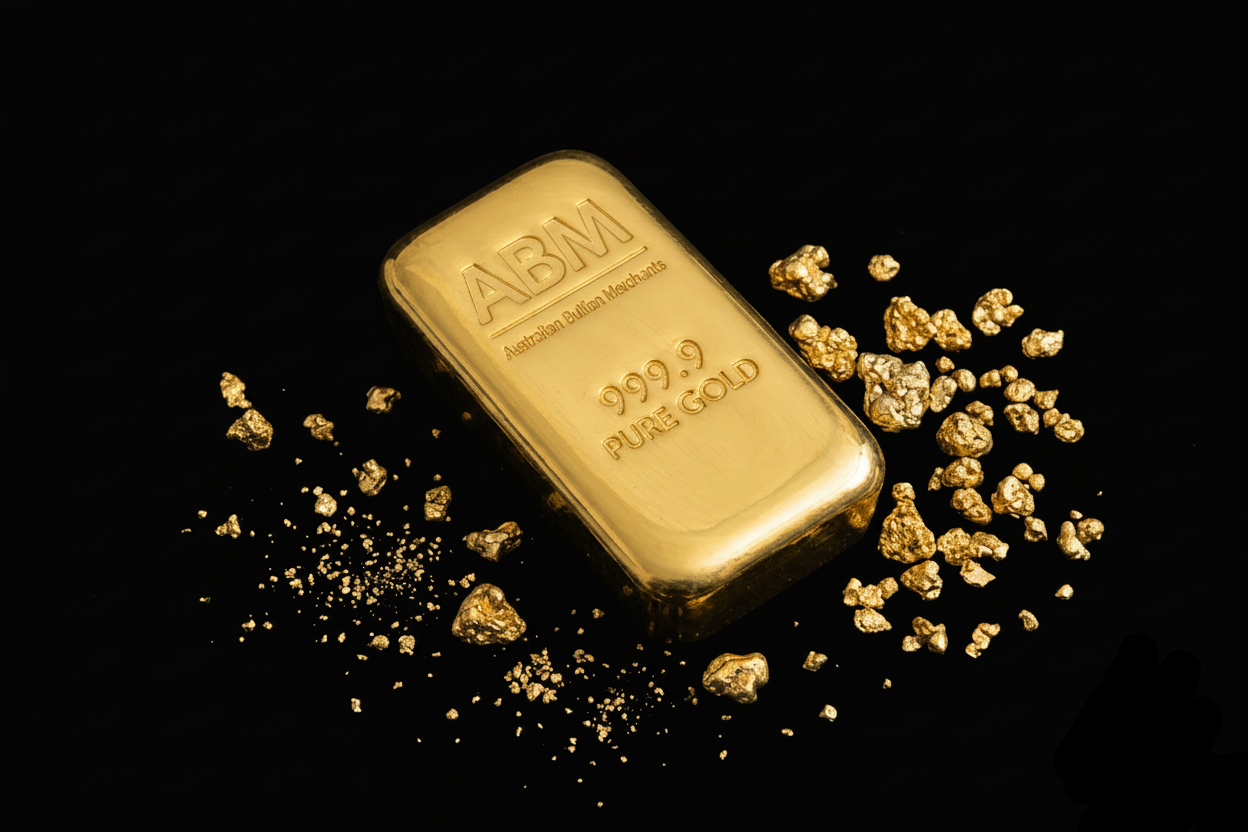 A polished ABM 999.9 pure gold bar is displayed diagonally on a black background, surrounded by scattered gold dust and rough gold nuggets.