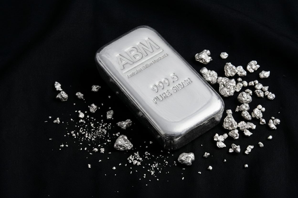 A silver ingot bar with 'ABM' and '999.9 PURE SILVER' markings, surrounded by scattered silver flakes and rough silver nuggets on a black fabric background.